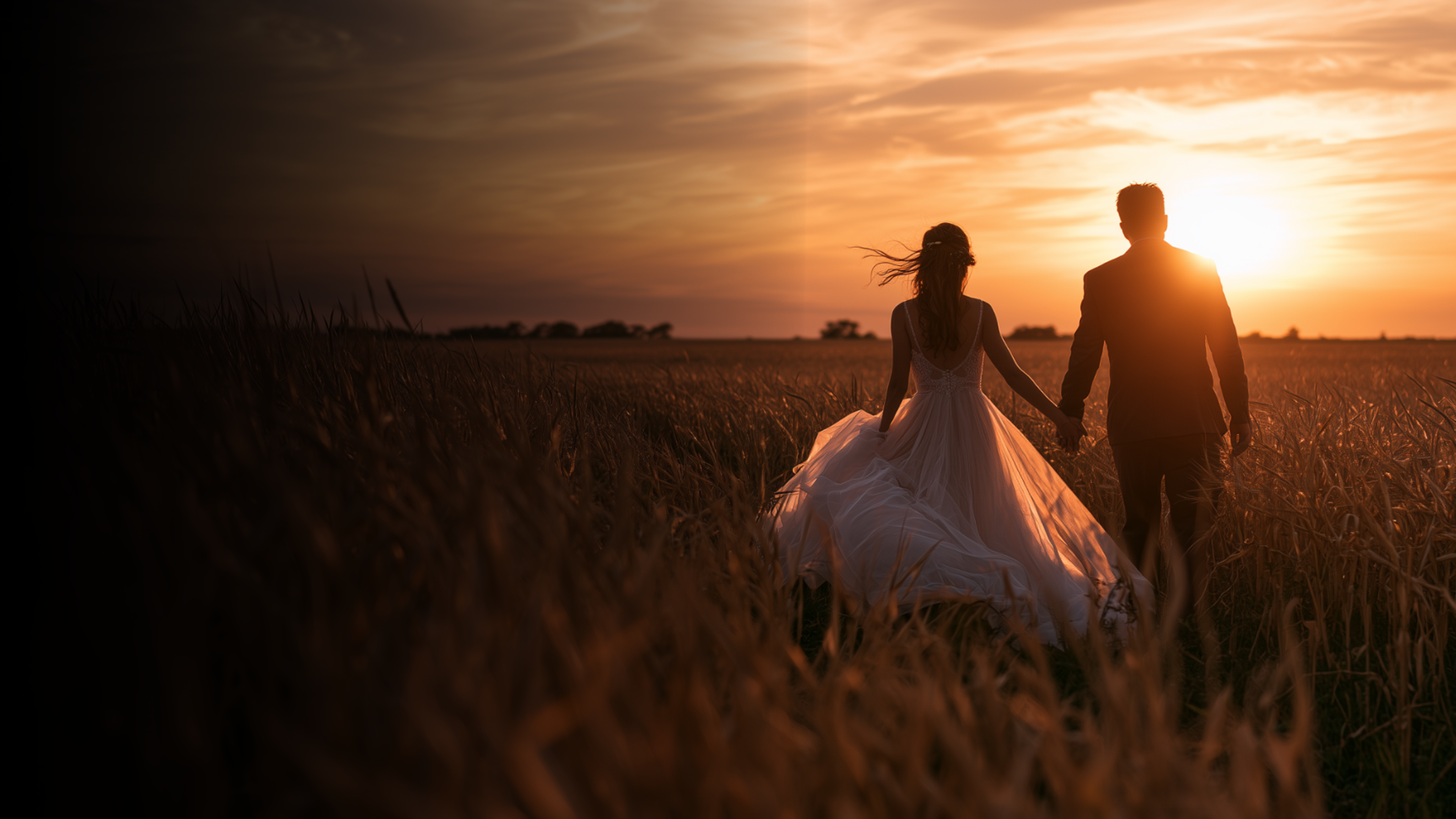 Couple silhouetted at sunset in a golden field